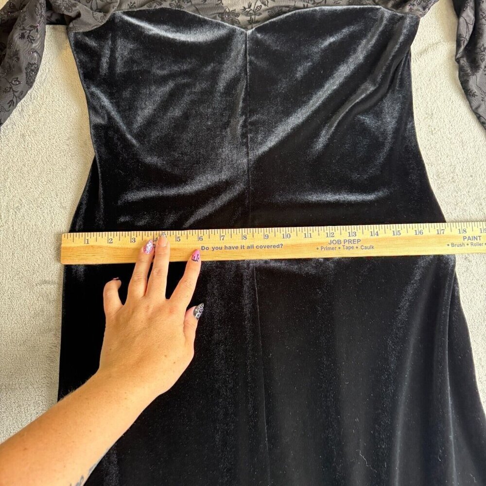 Vintage Black Velvet Maxi Long Dress Sheer Sleeve Whimsigoth Y2K Size 10 - Picture 10 of 11